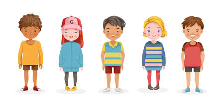 Friendship concept. Happy kids holding hands. Boys and girls group. Different nationalities are different. Variety of children. Female and male. Picture of students.のイラスト素材