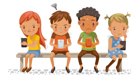 Girls and boys holding phone. Spend too much time with mobile phones. Stress, depressed, aggressive. Effects on concentration, emotions for children. Social Bully problems. Cartoon vector illustrationのイラスト素材