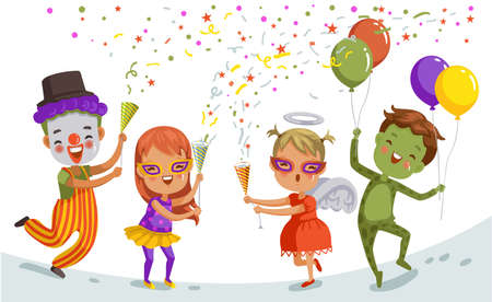 Group of child celebrate  party together. Funny kid clown. Hero girl, fantasy frogman, mascot and little angel in cute red dress. The color of the festive party of children.のイラスト素材