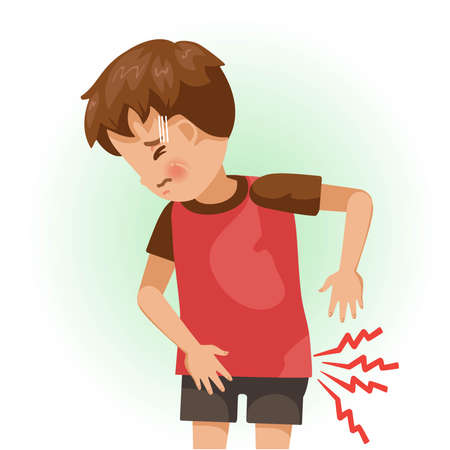 Hip pain or sore. The boy is sick, Sick person and feeling bad. Cartoons showing negative gestures and feelings. The child is a patient. Cartoon vector illustration.