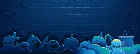 Halloween background. Blue Wallpapers. The scene of the brick wall at night. The scene of the brick wall at night. Shadows of ghosts, bats and pumpkins in the dark.  EmptyIsolated vector illustration.のイラスト素材