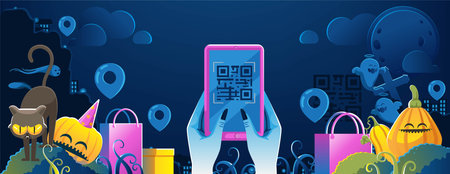 halloween shop. The ghost's hand is holding the phone. Buy and sell mobile applications. Happy...