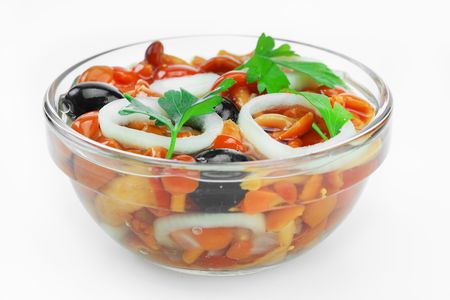 Pickled mushrooms on a white backgroundの写真素材