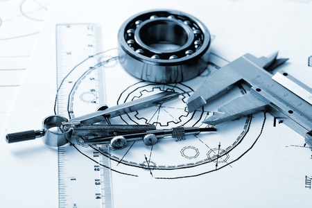 construction drafts and tools on the tableの写真素材
