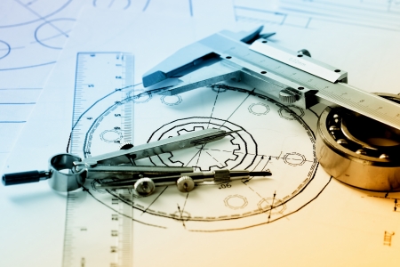 construction drafts and tools on the tableの写真素材