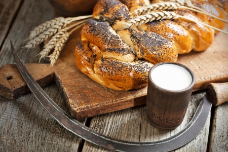 Bread with a mug of milkの写真素材