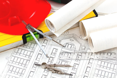Architectural plans of the old paper tracing paper measuring tools and file with the project