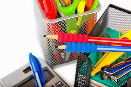 Back to school blackboard with pencilbox and school equipment on tableの写真素材