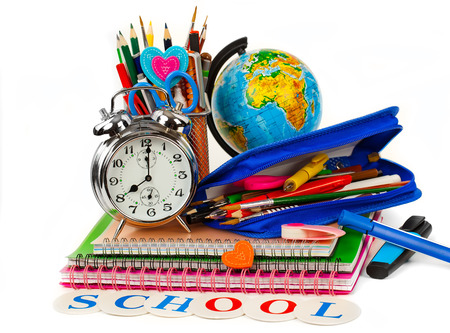 Back to school blackboard with pencilbox and school equipment on tableの写真素材
