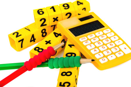 Back to school blackboard with pencilbox and school equipment on table