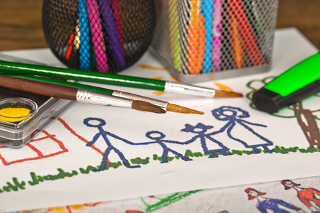 Back to school blackboard with pencilbox and school equipment on tableの写真素材