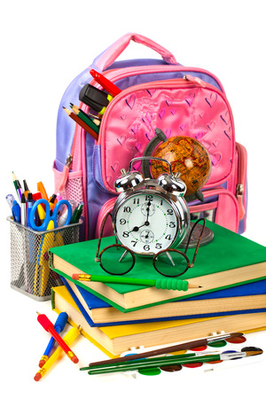 Back to school blackboard with pencilbox and school equipment on tableの写真素材