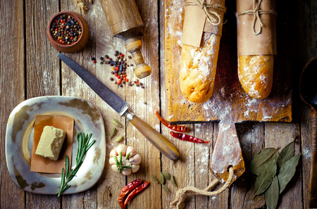 bread in composition with kitchen utensilsの写真素材
