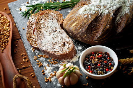 bread in composition with kitchen utensilsの写真素材