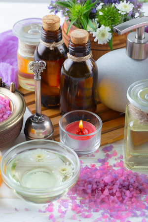 SPA accessories for massage in a composition on a light backgroundの写真素材