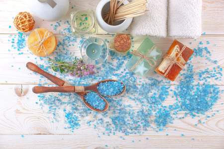 SPA accessories for massage in a composition on a light backgroundの写真素材