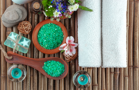 SPA accessories for massage in a composition on a light backgroundの写真素材