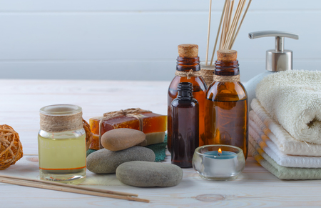 SPA accessories for massage in a composition on a light backgroundの写真素材