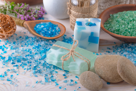 SPA accessories for massage in a composition on a light backgroundの写真素材