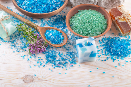 SPA accessories for massage in a composition on a light backgroundの写真素材