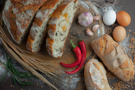 Bread products on the table in composition