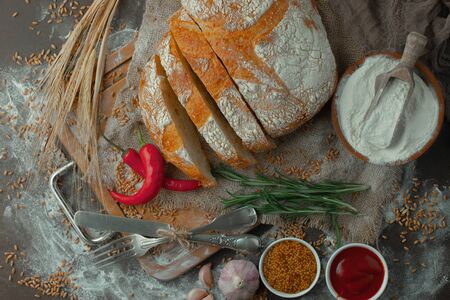 Bread products on the table in compositionの写真素材