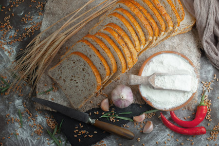 Bread products on the table in composition