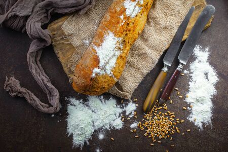 Bread products on the table in compositionの写真素材