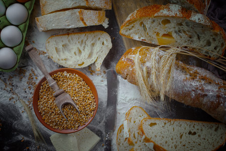 Bread products on the table in composition