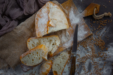 Bread products on the table in composition
