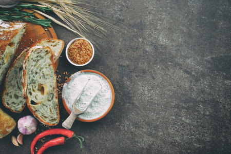 Bread products on the table in composition