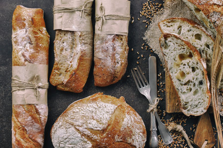 Bread products on the table in composition