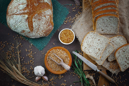 Bread products on the table in composition