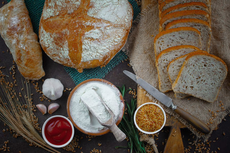 Bread products on the table in composition