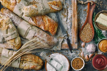 Bread products on the table in compositionの写真素材