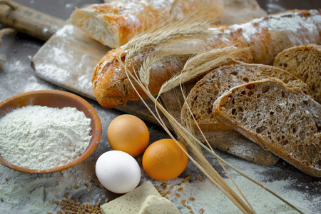 Bread products on the table in composition