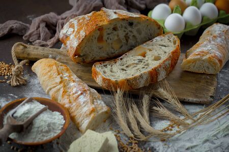 Bread products on the table in compositionの写真素材