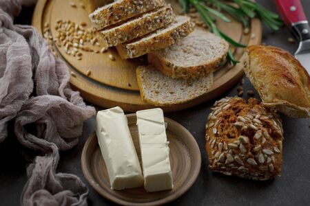 Bread products on the table in compositionの写真素材