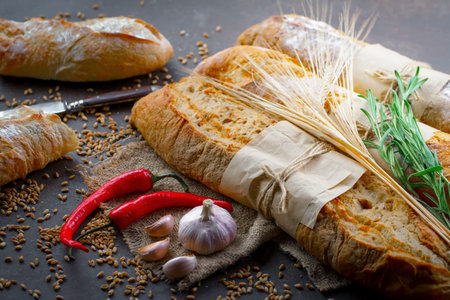 Bread products on the table in composition