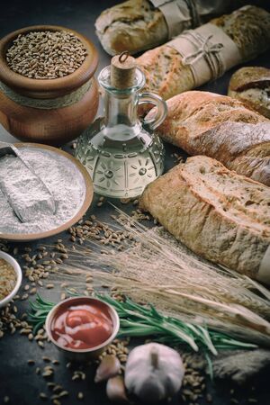 Bread products on the table in compositionの写真素材