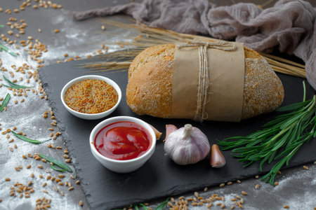 Bread products on the table in composition