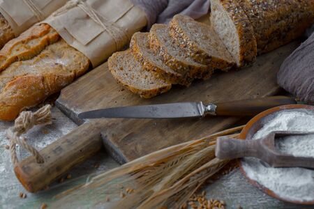 Bread products on the table in compositionの写真素材