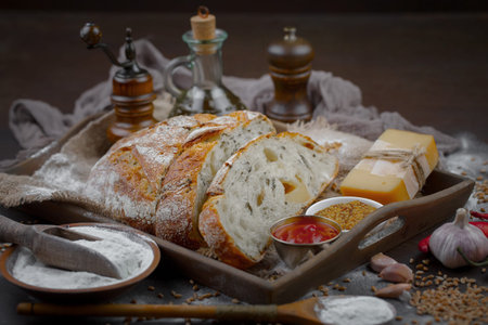 Bread products on the table in composition - close-up