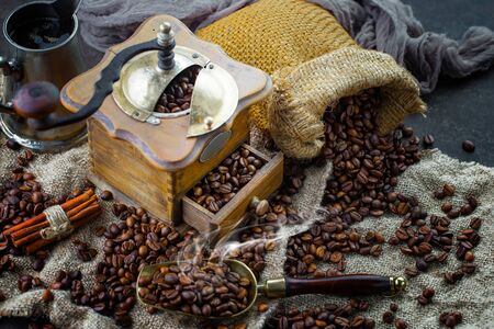 Black coffee on an old background in a cupの写真素材