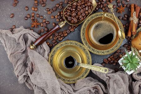 Black coffee on an old background in a cupの写真素材