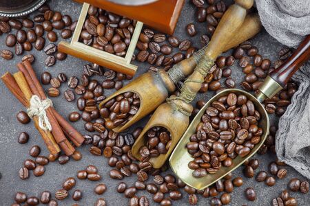 Black coffee beans on an old backgroundの写真素材