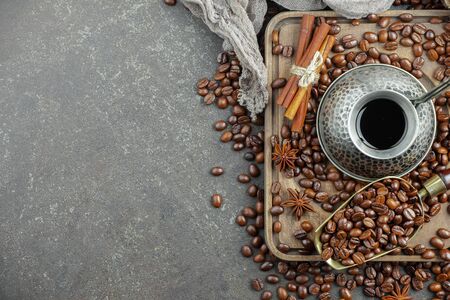 Black coffee beans on an old backgroundの写真素材
