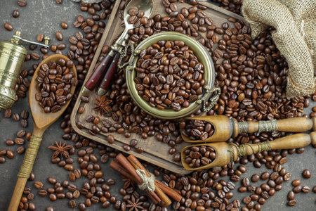 Black coffee beans on an old background