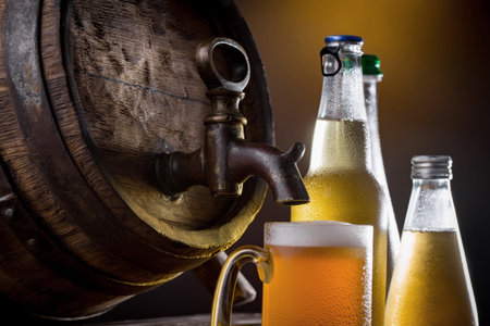 Light beer in a glass on a table in composition with accessories on an old background