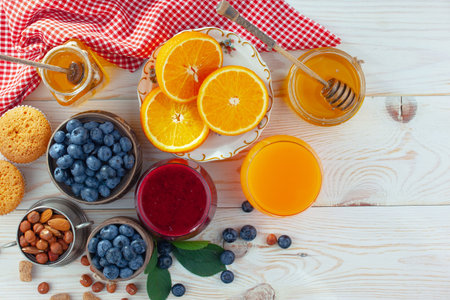 Healthy breakfast on an old backgroundの写真素材